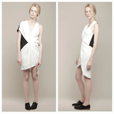 Helmut Lang Cross Tuck Crepe Silk Asymmetrical Hem Dress in Black 