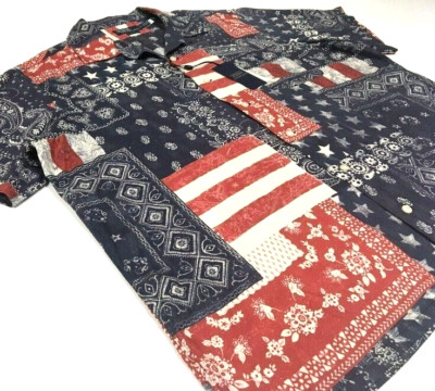 Polo Ralph Lauren American Flag Patchwork Print Distressed Boho Beach Camp Shirt