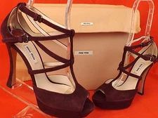 NIB MIU MIU 5XP445 BURGUNDY SUEDE CAGED ANKLE STRAP PLATFORM HEEL SANDALS 40