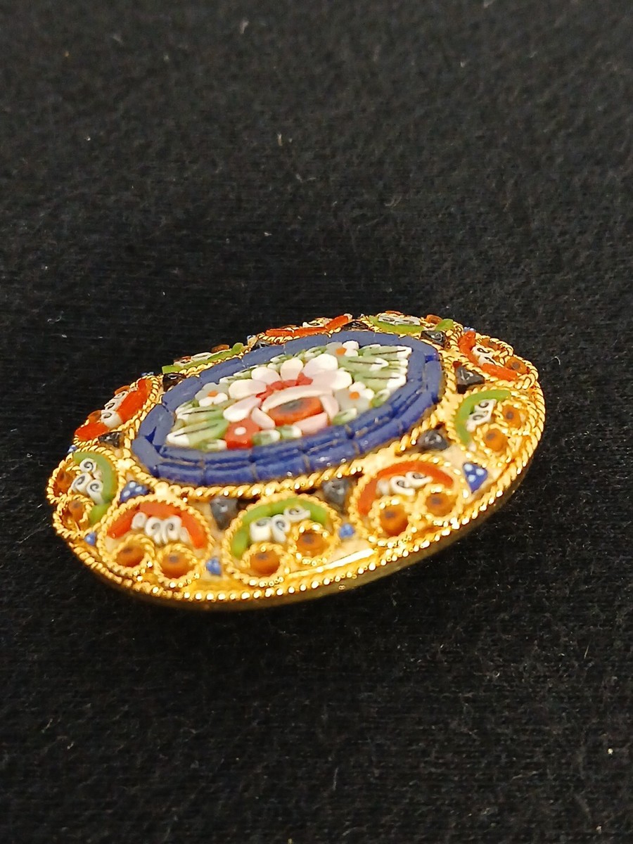 MICRO Mosaic gold tone filigree multicolor Floral Design Italian Brooch View 3