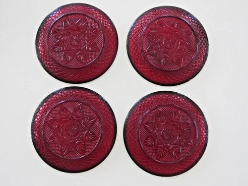 Set of 4 Cristal d'Arques-Durand Ruby Red Pressed Glass 8" Luncheon Salad Plates