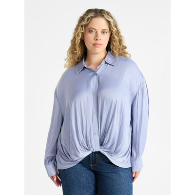 NEW Terra & Sky Plus Size Twist Front Blouse Long Sleeve 1X Iris Blue Shirt Top