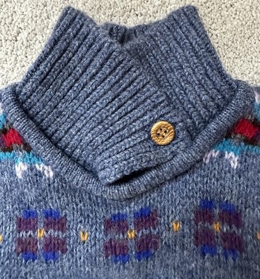 Vintage L.L.Bean 100% Shetland Wool Sweater Mens M Fair Isle Button Mock Neck