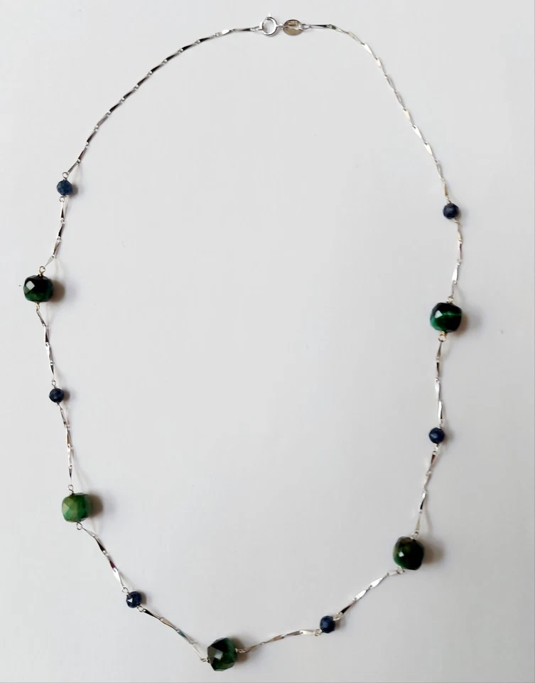 collana in argento 925 pietre con zaffiro e occhio di tigre idea regalo natale - Immagine 3 di 4