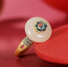 White Jade Donut Ring 18K Gold Plated Enamel Colored Lotus Ring Adjustable