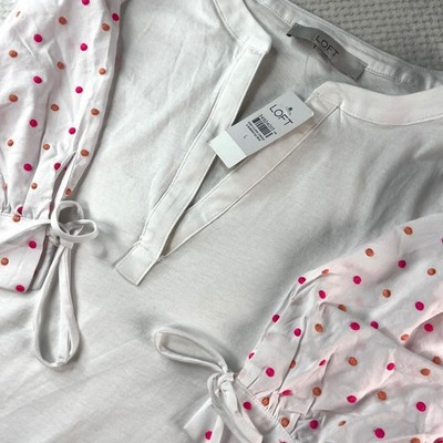 LOFT Women White Puff Sleeve Polka Dot Embroidered NWT Large small mark on shirt