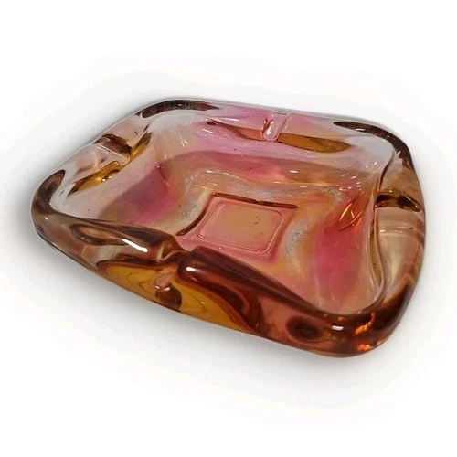 Vintage Anchor Hocking Pink Iridescent Art Glass Ashtray MCM 1970's