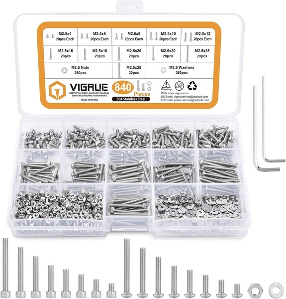 Vigrue 840 StüCk M2,5 Schrauben Edelstahl Set Muttern Unterlegscheiben Box-image