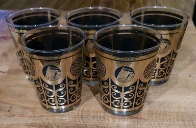 (5) MCM Libbey ''Rock of Gibraltar'' Black 22k Gold Old Fashion Cocktail Glasses 