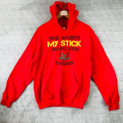 Gildan Sweat Capuche Homme M Rouge Chicago Hockey Slogan Imprimé Devant Enfiler - Photo 1/4