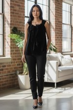 A Diva Black Velvet Bow Ruffle Tunic Blouse Petite Large PL NWT Sleeveless