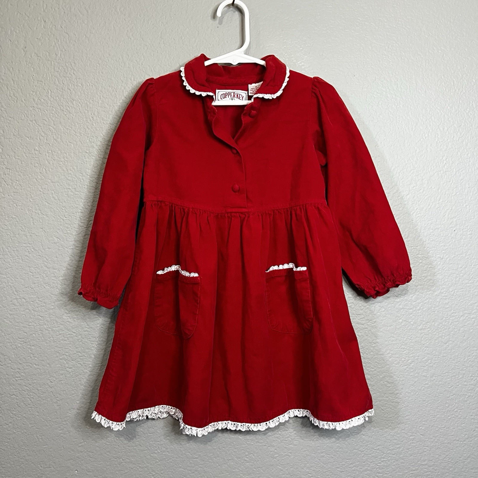 Vintage Girls Size 4 Copper Key Long Sleeve Red Dress White Lace W/ Pockets