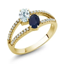 18K Yellow Gold Plated Silver Aquamarine and Sapphire Two Stone Ring For Women
