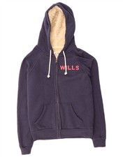 JACK WILLS Womens Graphic Sherpa Zip Hoodie Sweater UK 10 Small Navy Blue PX19