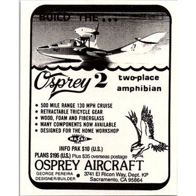 Osprey Aircraft Two-Place Amphibian Sacramento CA Vintage Kit Planes Ad SAI6-S20