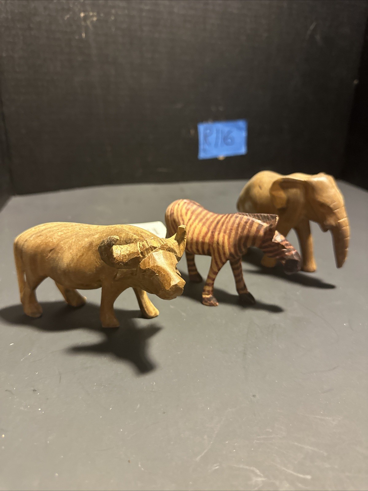 Vintage Hand Carved Wood Animal Figurines Bull Zebra Elephant Lot 3” #M21