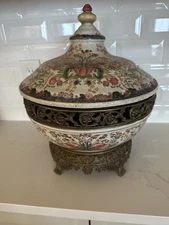 Large Floral Mille Fleur Porcelain Center Bowl On Footed Brass Ornate Base