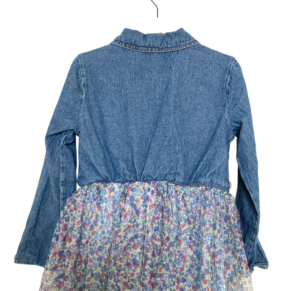 Vestido floral de tule para meninas Zunie, azul, blusa jeans, mangas roll up tamanho 8 - Imagem 4 de 4