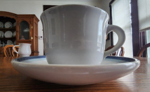 Sky Cup (8 oz) & Saucer Set Pfaltzgraff backstamp Stoneware White Navy Blue !