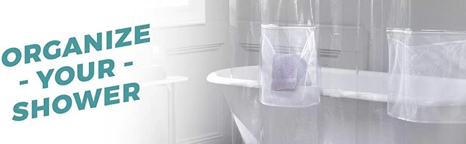 Forro de cortina de ducha de vinilo PEVA impermeable de EE. UU. con bolsillos de malla organizador de ducha Foto 4 de 4