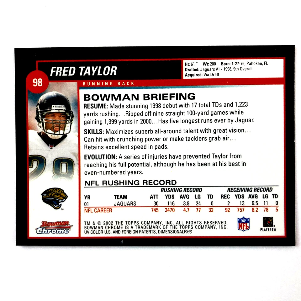 Fred Taylor 2002 Bowman Chrome Card #98 NFL Jacksonville Jaguars - Image 2 of 2