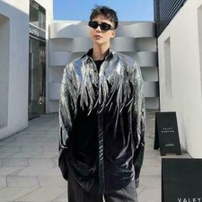 Men's Fashion Design Shine Sequins Long Sleeve Loose Velvet Shirt Casual Tops FZ