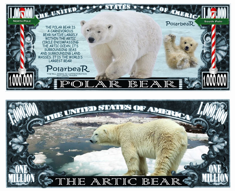 Polar Bear Million Dollar Bill Play Funny Money Novelty Note + FREE SLEEVE
