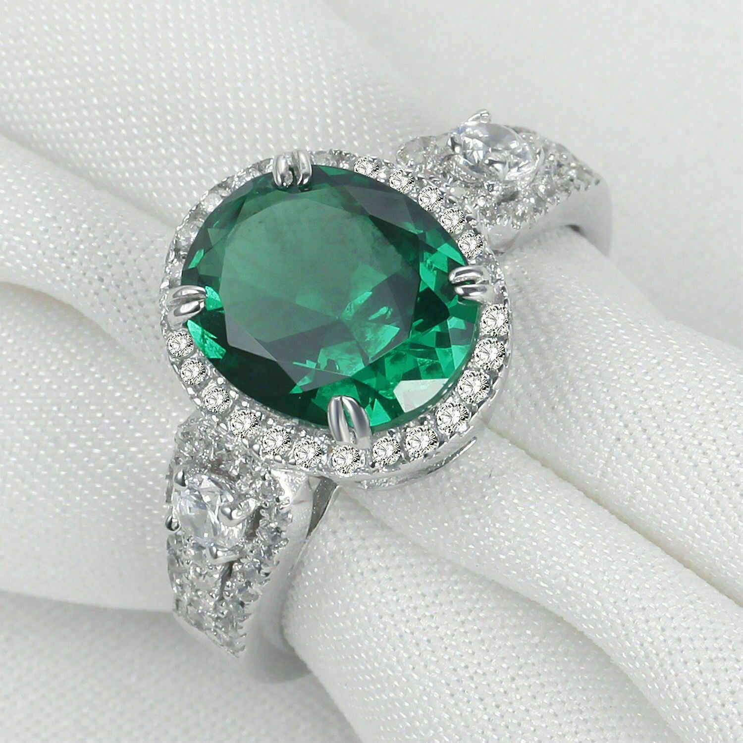 3Ct Oval Halo Simulated Emerald Diamond Engagement Ring in Sterling Silver-image