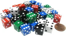 Set of 50 D6 12mm Opaque Square Edge Dice; 10 Each of Red White Blue Green Black