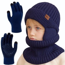 Kids Navy Blue Winter Beanie Hat Scarf Gloves Set with Earmuffs for Kids Warm