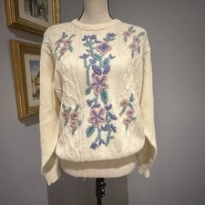 Vtg Floral Sweater Embroidered Cable Knit Pastel Cottagecore Medium Crewel