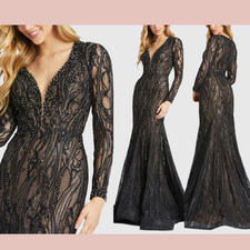 NWT Mac Duggal 8 79291 Lace Beaded Long Sleeve Plunge Neck Gown Black S1461