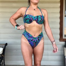 Vintage Catalina Teal Purple Paisley French high Cut Bikini Swimsuit Set 10/LRG