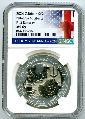 2024 GREAT BRITAIN 1OZ SILVER NGC MS69 BRITANNIA & LIBERTY FR - HEAVY WHITE HAZE