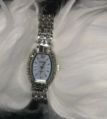 Vintage Elgin Silver Marcasite Mother of Pearl Quartz Women's Watch Art Deco  W1