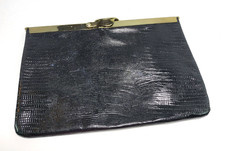 Vintage ETRA Clutch Leather Black Lizard Embossed Envelope Chain Purse Retro