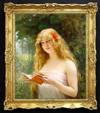 Handmade Old Master-Art Antique Oil Painting Women girl book on canvas 24"x30"