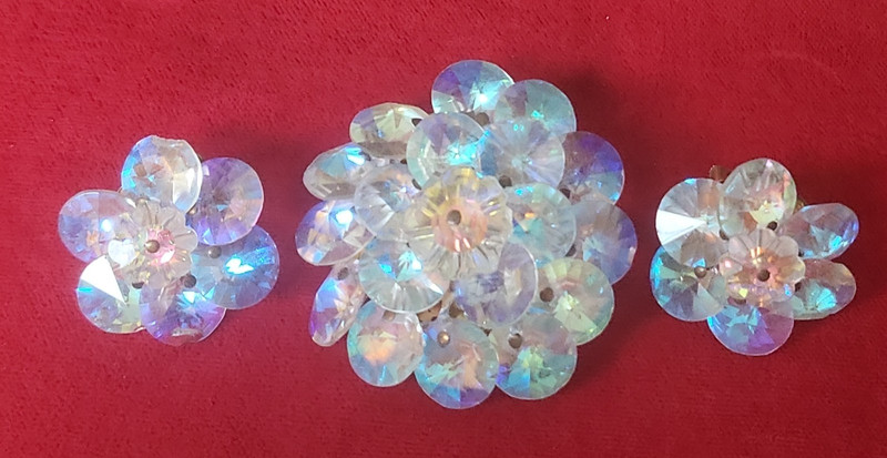 Vintage Bright, Aurora Borealis Rhinestone Brooch & Clip On Earrings Set