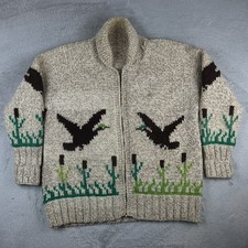 Vintage 1960s Cowichan Hand Knit Sweater Ducks Graphic Beige Medium/Large 23x26