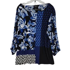 Alfani Blouse Womens 3X Geometric Floral Tunic Long Sleeve Scoop Neck Relaxed