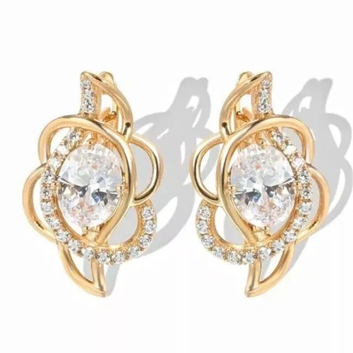 2 Ct Oval Real Moissanite Women's Stud Cluster Earrings 14K Yellow Gold Plated - Picture 2 of 8