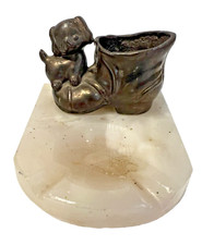 Vintage Marble Ashtray with Cast Iron Puppy & Boot - Unique