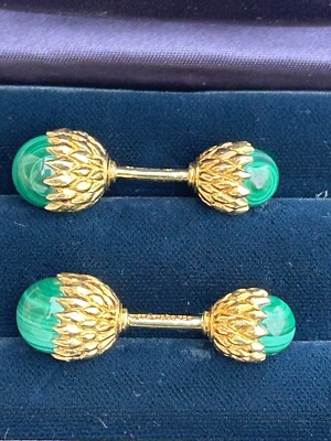 Tiffany & Co. マラカイト カフリンクス Tiffany & Co Schlumberger 18K Gold Malachite Acorn Cufflinks