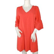 Belongsci Women's Shift Mini Dress Size Medium Orange V-Neck Bell Sleeves Lined
