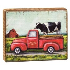 NEW Primitive COW Block Wood Red Truck Farm 4.5"H x 6"W x 1"D Aged Rustic