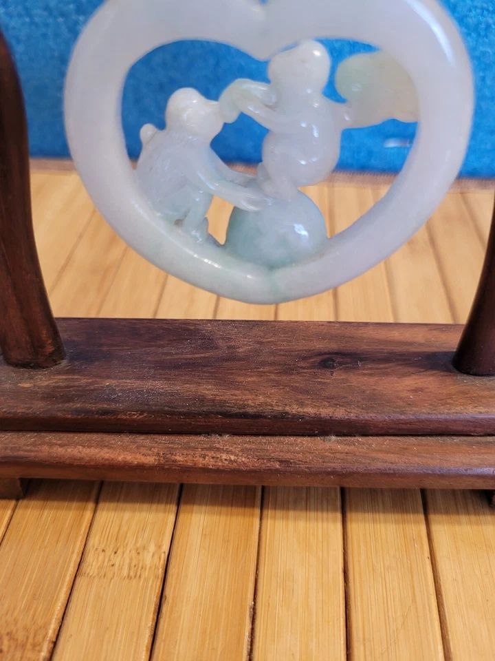 Antiq 2" Tallado Blanco Verde Jade Corazón 2 Monos 6" Palisandro 2 Dragones Soporte.OBO Foto 4 de 4