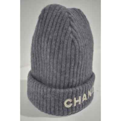 Chanel 22B Cashmere Grey White Sequin CC Logo Beanie Winter Hat
