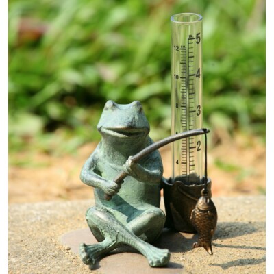 Weathered Green Aluminum Modern Style Frog Fisherman Rain Gauge