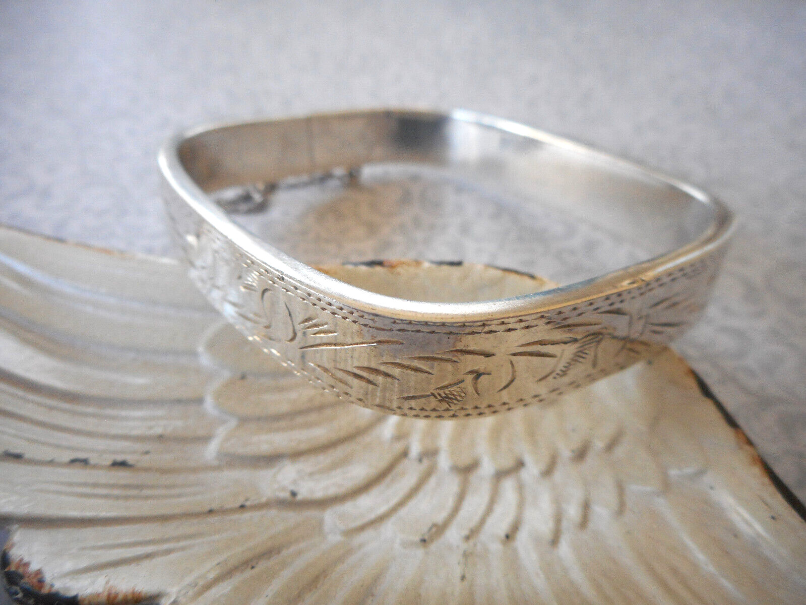 Rectangular Sterling Silver Etched Bangle Bracele… - image 1