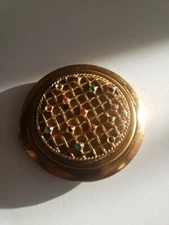 Vintage Gold Tone Metal Multi Color Jeweled Rhinestone Pressed Powder Compact